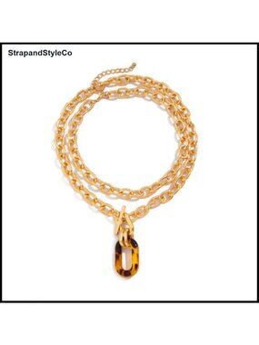 Chunky Gold Plated Paperclip Necklace Tortoiseshell Pendant